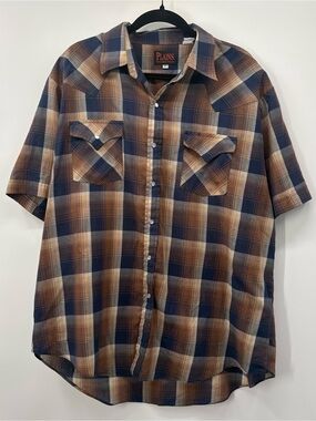 Plains Western Wear Men's Brown & Navy Plaid Short-Sleeve Button-Down Shirt